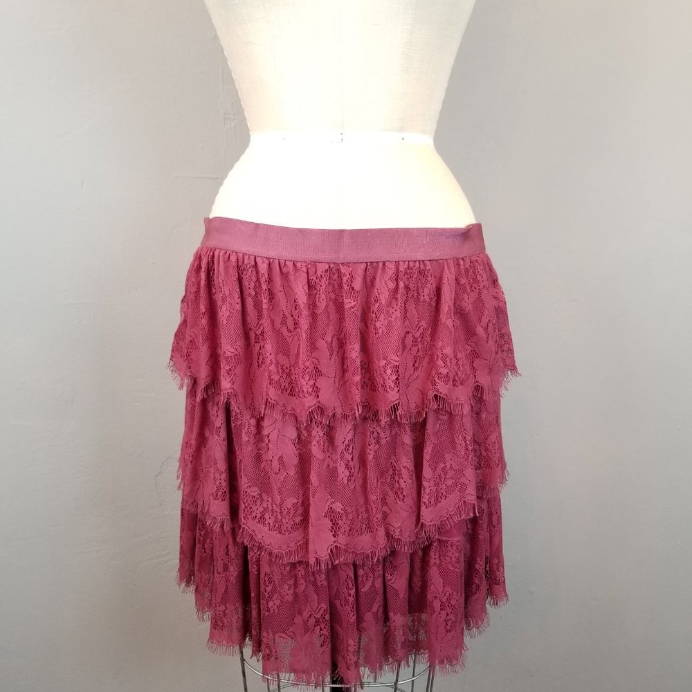 Romantic Tiered Eyelash Lace Skirt in Dark Mauve Ladies Size Medium